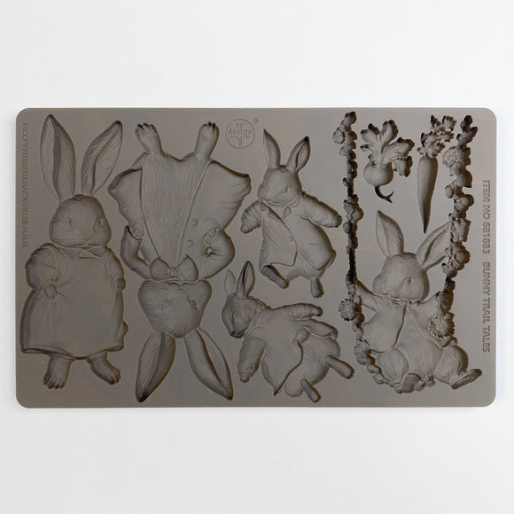 ReDesign with Prima Bunny Trail Tales 5x8 silicone mold with bunny characters, swing scene, carrot, radish, and spring garland designs