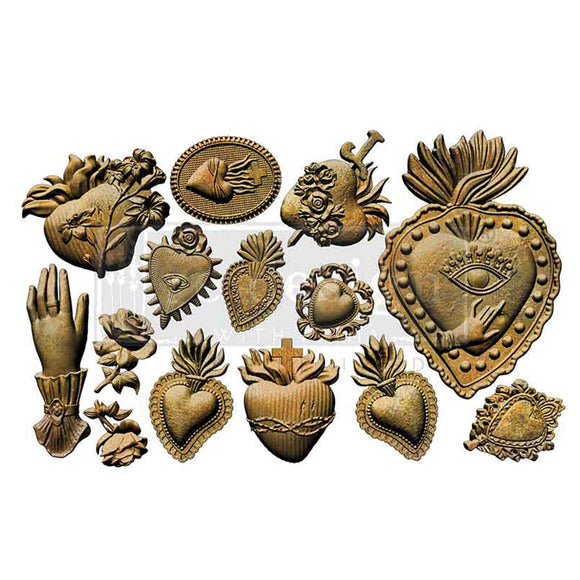 Gold-finish castings from ReDesign with Prima The Love Edit sacred heart silicone mold for furniture upcycling and mixed media