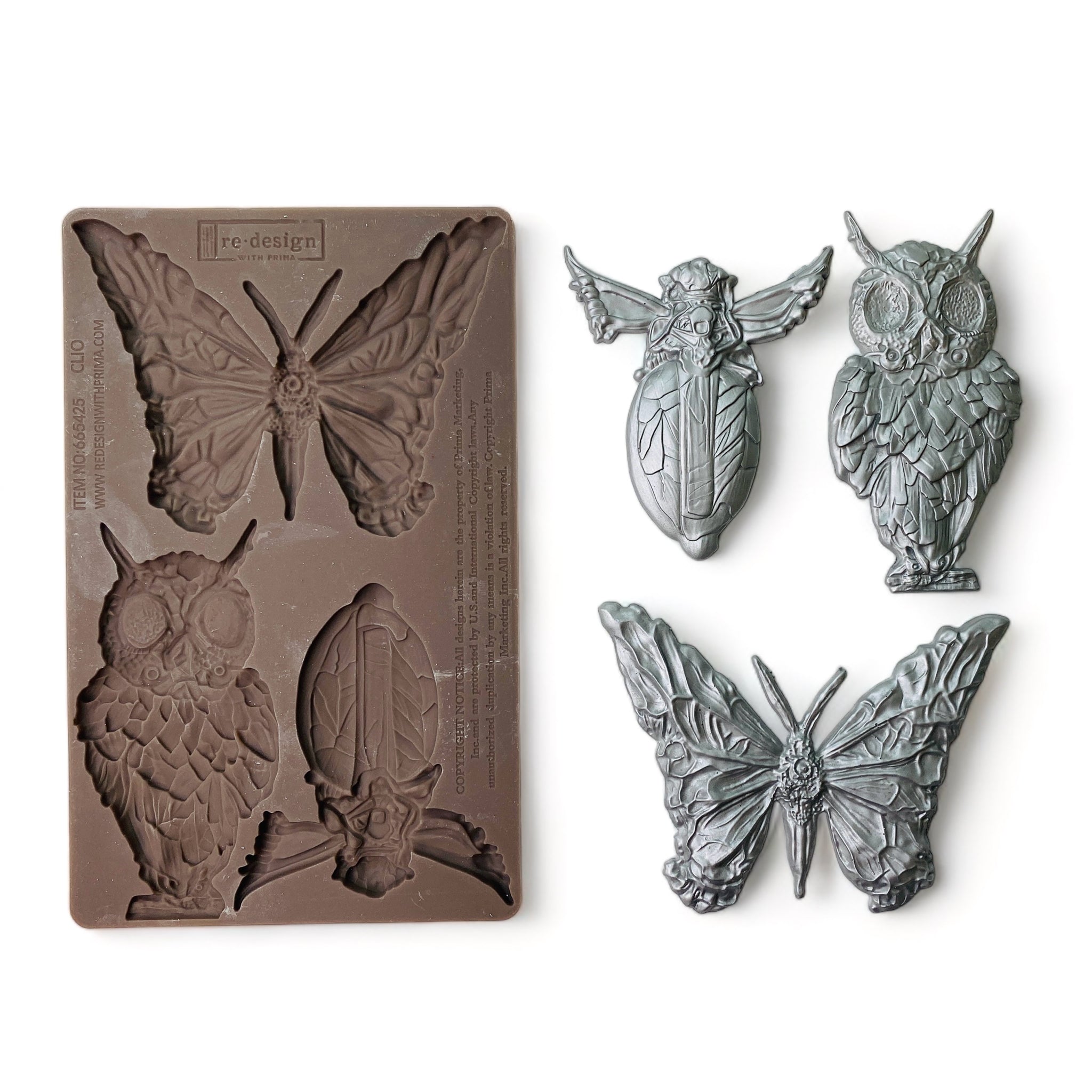 A brown silicone mold and silver colored castings of a moth, owl, and flying beetle are against a white background.