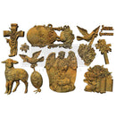 Finished cast examples from Eternal Spring Faith 5x8 mold featuring cross, lamb, angel scene, birds, floral egg frame and Joyful Easter text