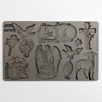 ReDesign with Prima Eternal Spring Faith silicone mold 5x8 showing cross, lamb, angel, dove and floral egg designs