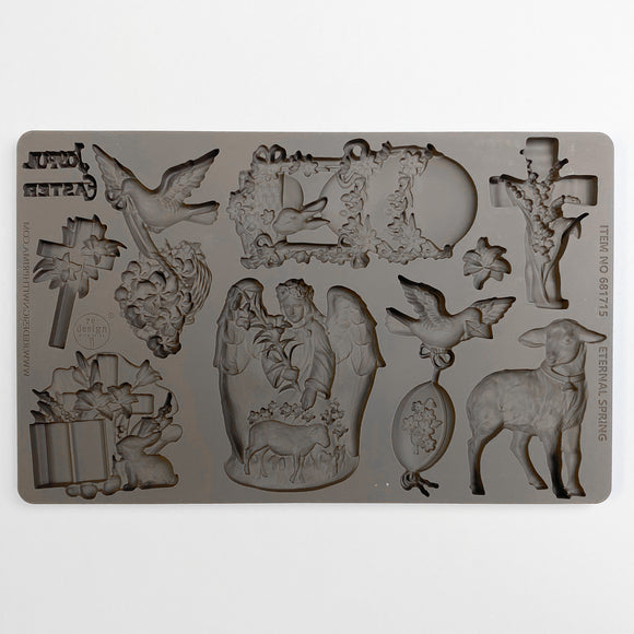 ReDesign with Prima Eternal Spring Faith silicone mold 5x8 showing cross, lamb, angel, dove and floral egg designs
