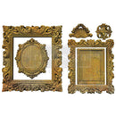 Miniature Grace Frames silicone mold castings—gold ornate square and oval vintage frames with crest and medallion embellishments