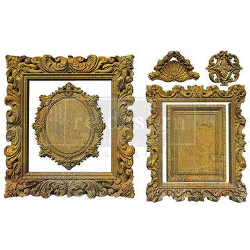 Miniature Grace Frames silicone mold castings—gold ornate square and oval vintage frames with crest and medallion embellishments