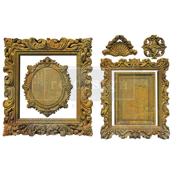 Miniature Grace Frames silicone mold castings—gold ornate square and oval vintage frames with crest and medallion embellishments
