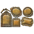 Finished cast examples from ReDesign with Prima Ornate Mini Frames silicone mold, showing five vintage ornate picture frame designs