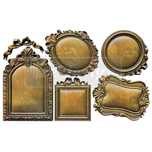 Finished cast examples from ReDesign with Prima Ornate Mini Frames silicone mold, showing five vintage ornate picture frame designs