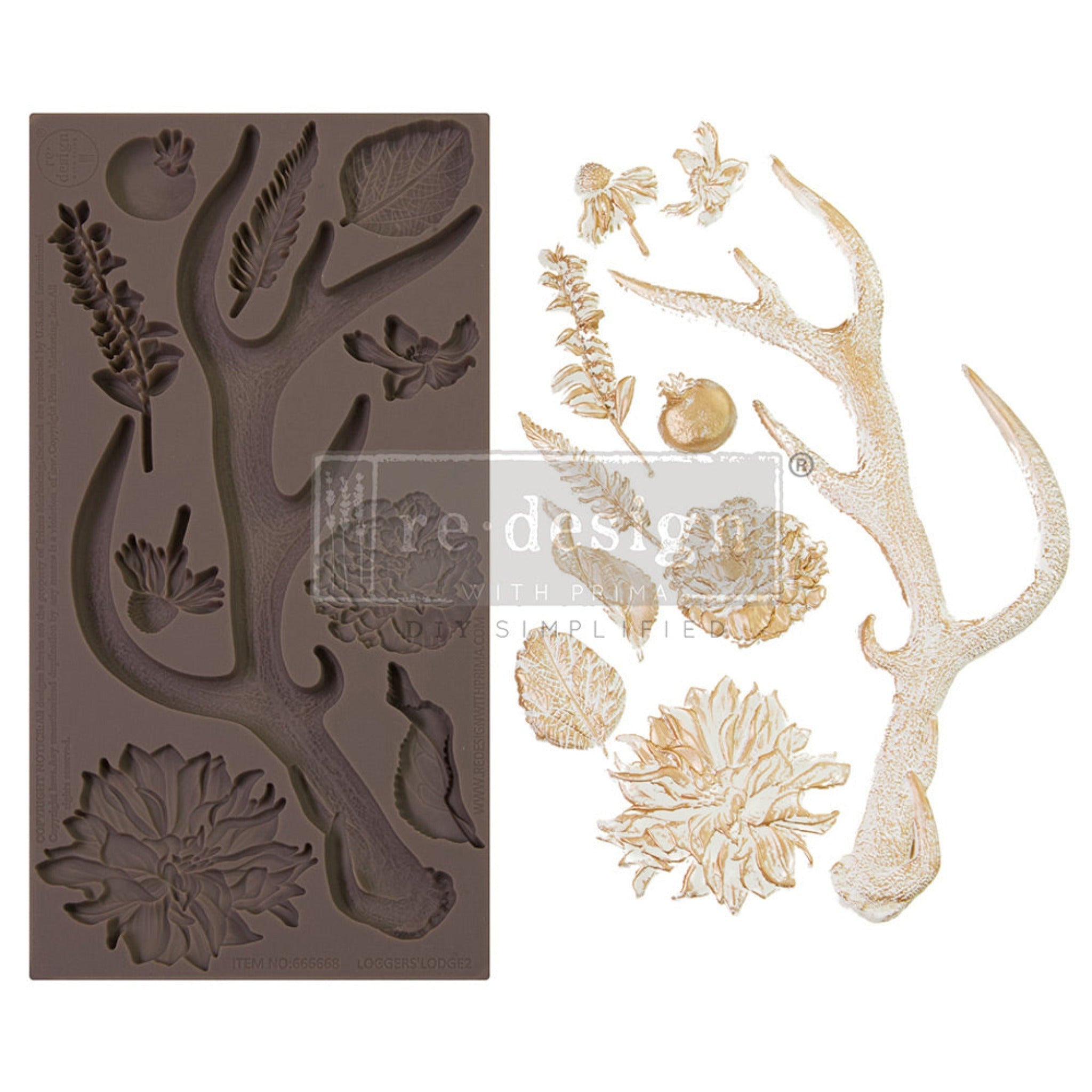 A brown silicone mould and gold/white castings of an antler and 9 flower and foliage designs are against a white background.