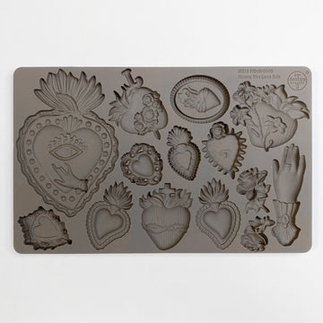 ReDesign with Prima The Love Edit 5x8 silicone mold with sacred hearts, florals, cameo, roses, and hand details