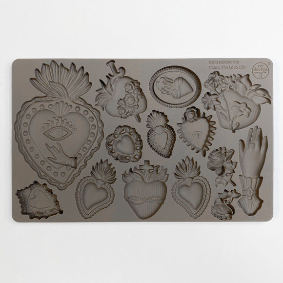 ReDesign with Prima The Love Edit 5x8 silicone mold with sacred hearts, florals, cameo, roses, and hand details