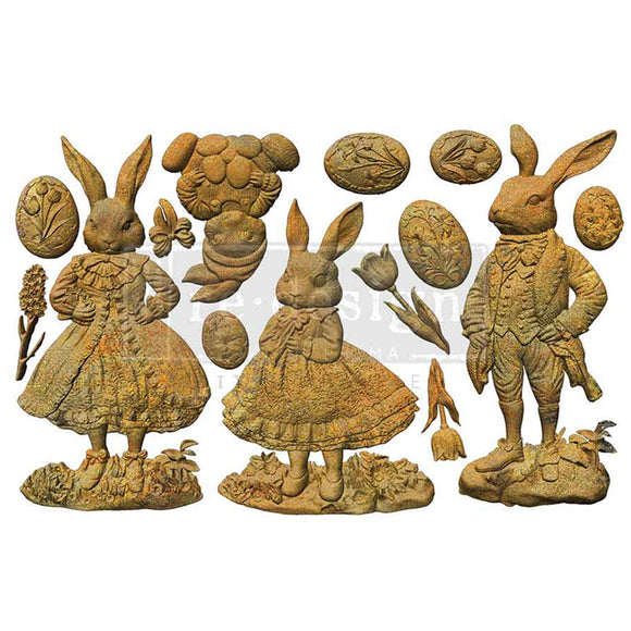 Meadow Whispers Rabbits mold castings from ReDesign with Prima featuring bunny couple, bunny with eggs, floral cameos, and tulips (5x8 silicone mold)