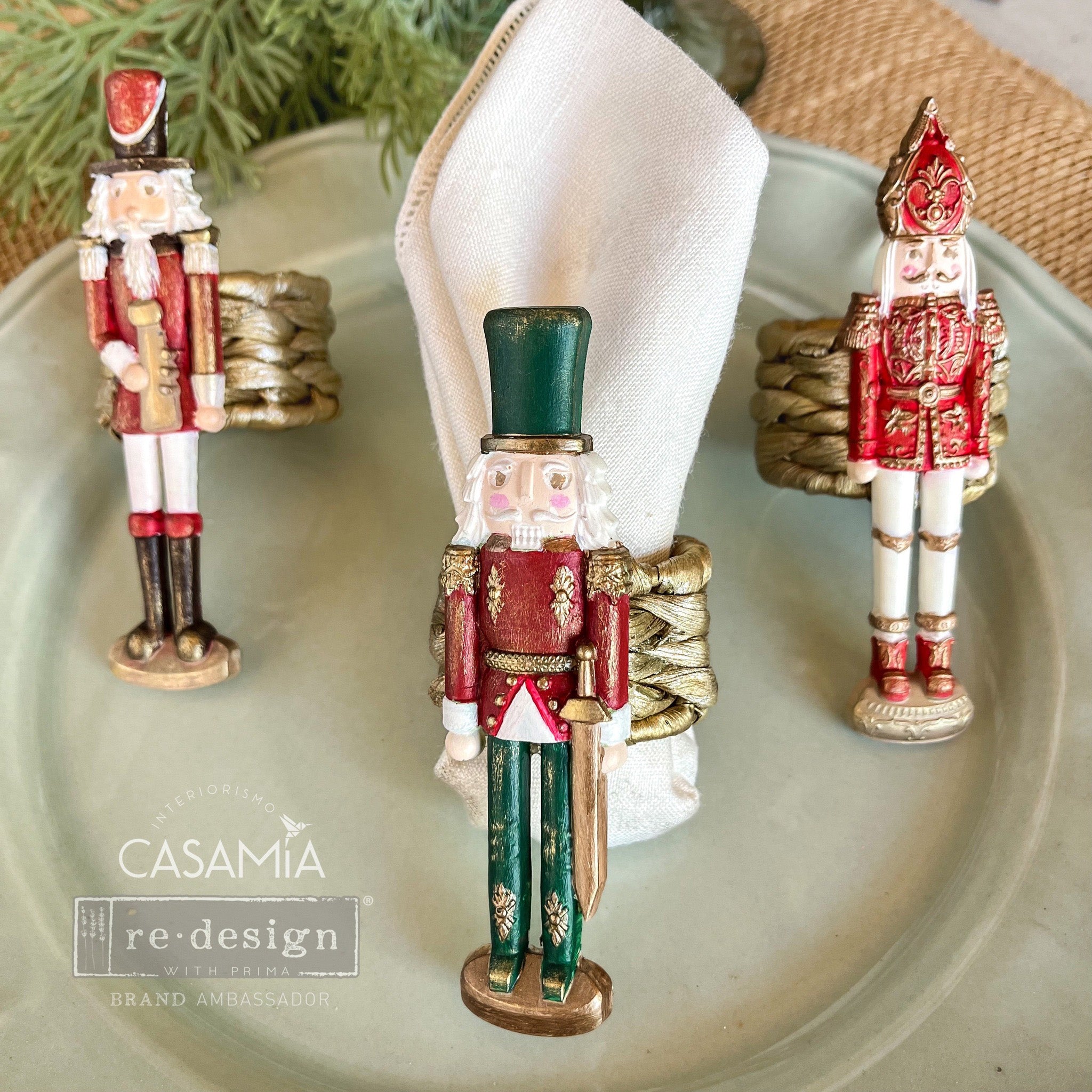 Three napkin holders created by Casamia feature colorful castings of ReDesign with Prima's Nutcracker Magic silicone mold.