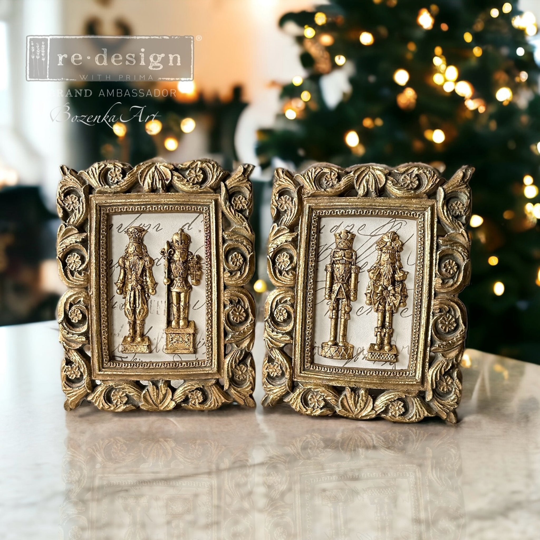 Two small ornate gold painted photo frames created by Bozenka Art feature gold painted castings from ReDesign with Prima's Nutcracker Magic silicone mold.