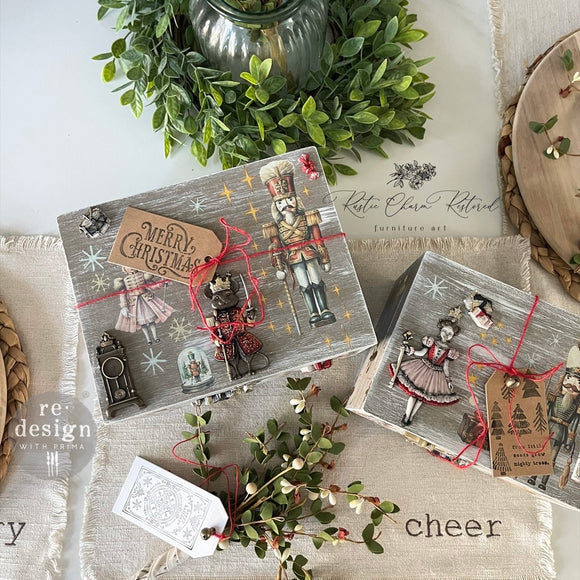 Two wood craft boxes created by Rustic Charm Restores features ReDesign with Prima's Nutcracker Party silicone mold castings on them.