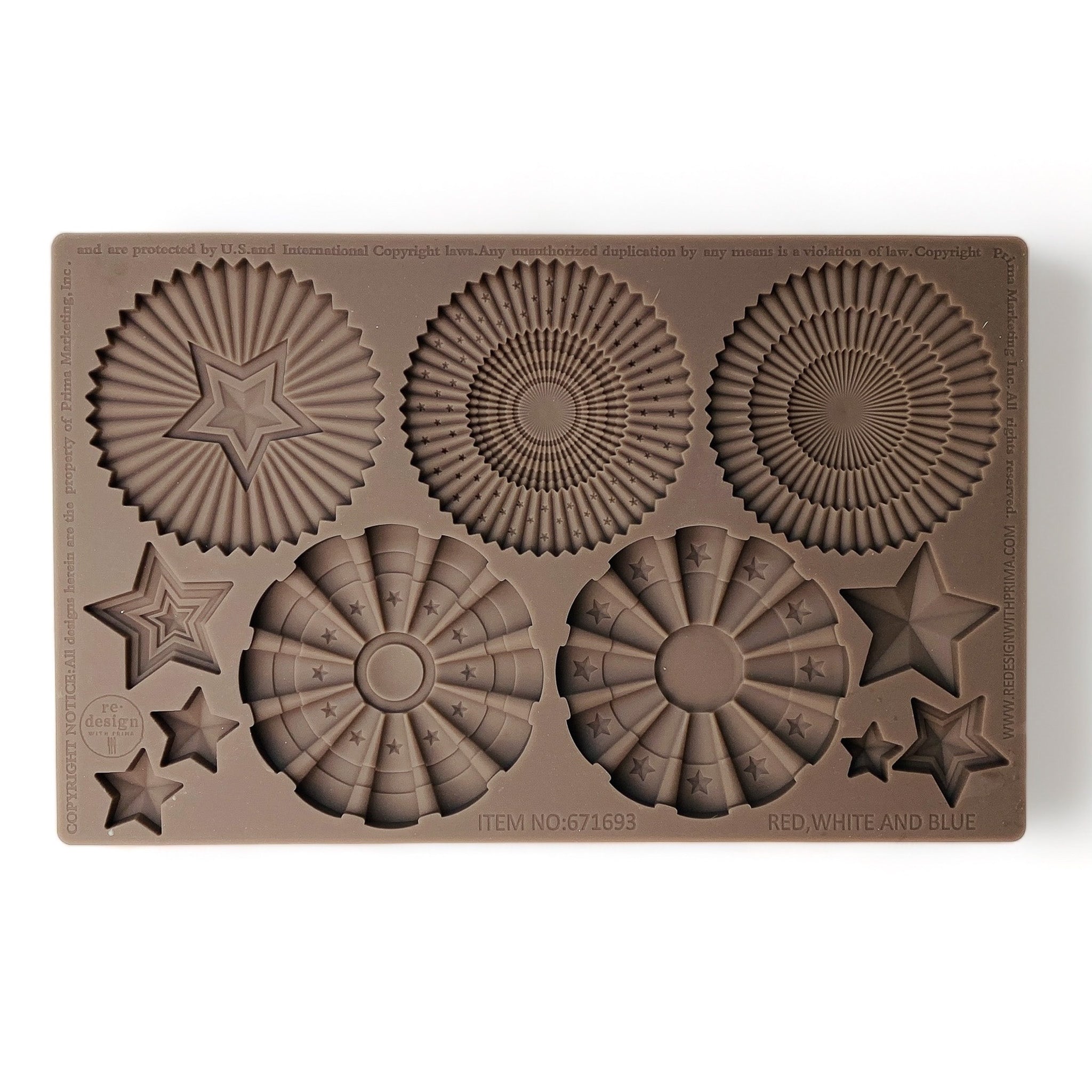 A brown silicone mold that features 5  patriotic round ribbon designs and 6 stars is against a white background.