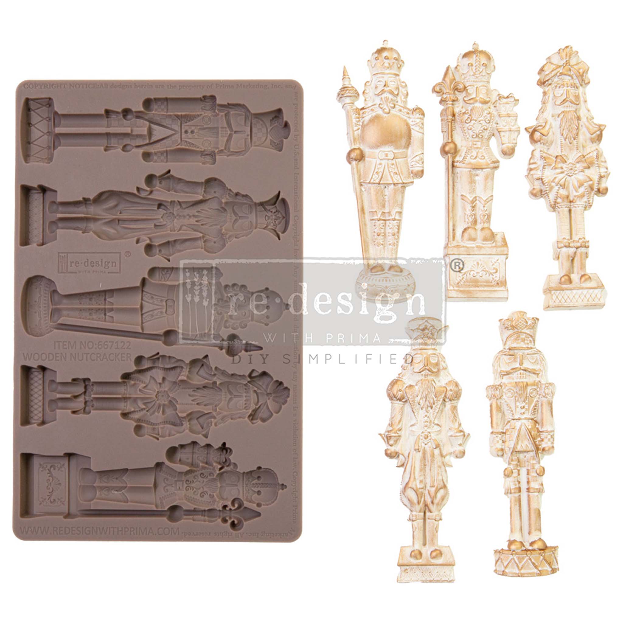 A brown silicone mould and gold/white castings of 5 intricately designed Nutcrackers are against a white background.