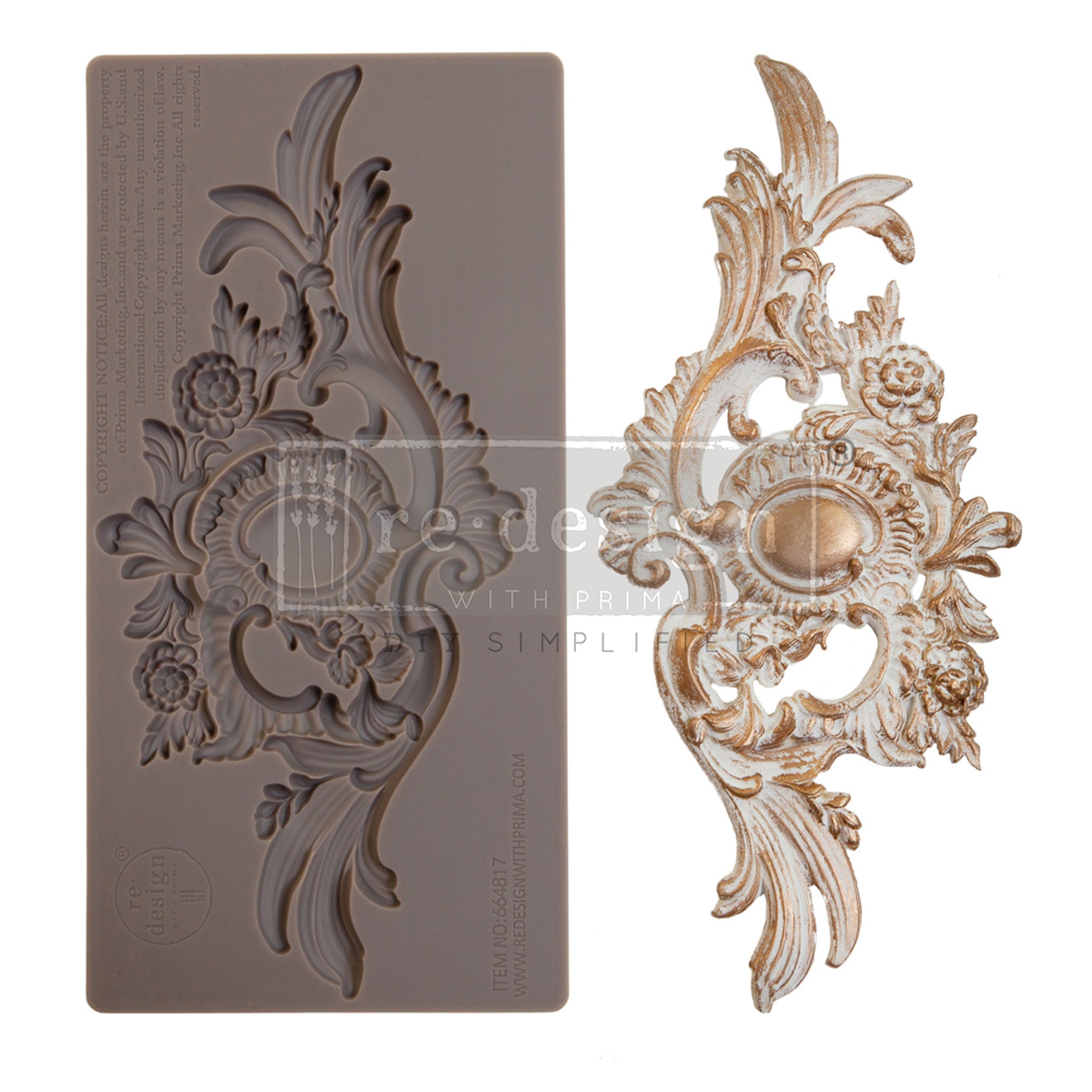 Silicone mould and its casting that features an ornate leafy accent design against a white background.