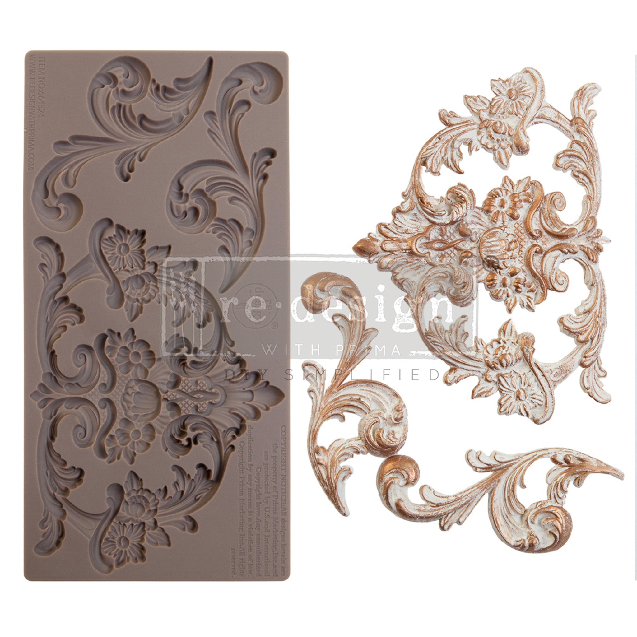 A brown silicone mold and castings of swirl scrolls and a crest are on a white background. A translucent ReDesign with Prima watermark is in the middle of the photo.