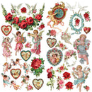 Close-up of Amour Affair rub-on transfer designs with vintage cherubs, red roses, hearts, and doves