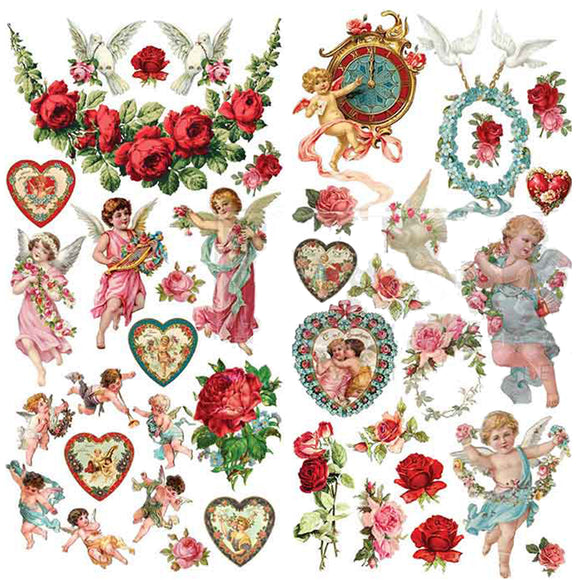 Close-up of Amour Affair rub-on transfer designs with vintage cherubs, red roses, hearts, and doves