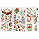 ReDesign with Prima Amour Affair rub-on decor transfer set showing three 6x12 sheets of roses, cherubs, hearts, and ephemera
