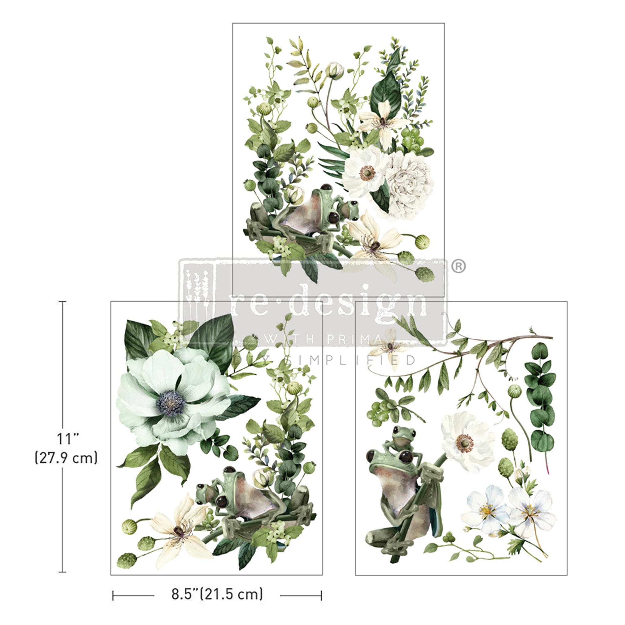 Three sheets of rub on transfers featuring green frogs and white flowers like wildflowers, peonies, and magnolias are against a white background. Measurements for 1 sheet reads 12" (27.9cm) by 12" (27.9cm).