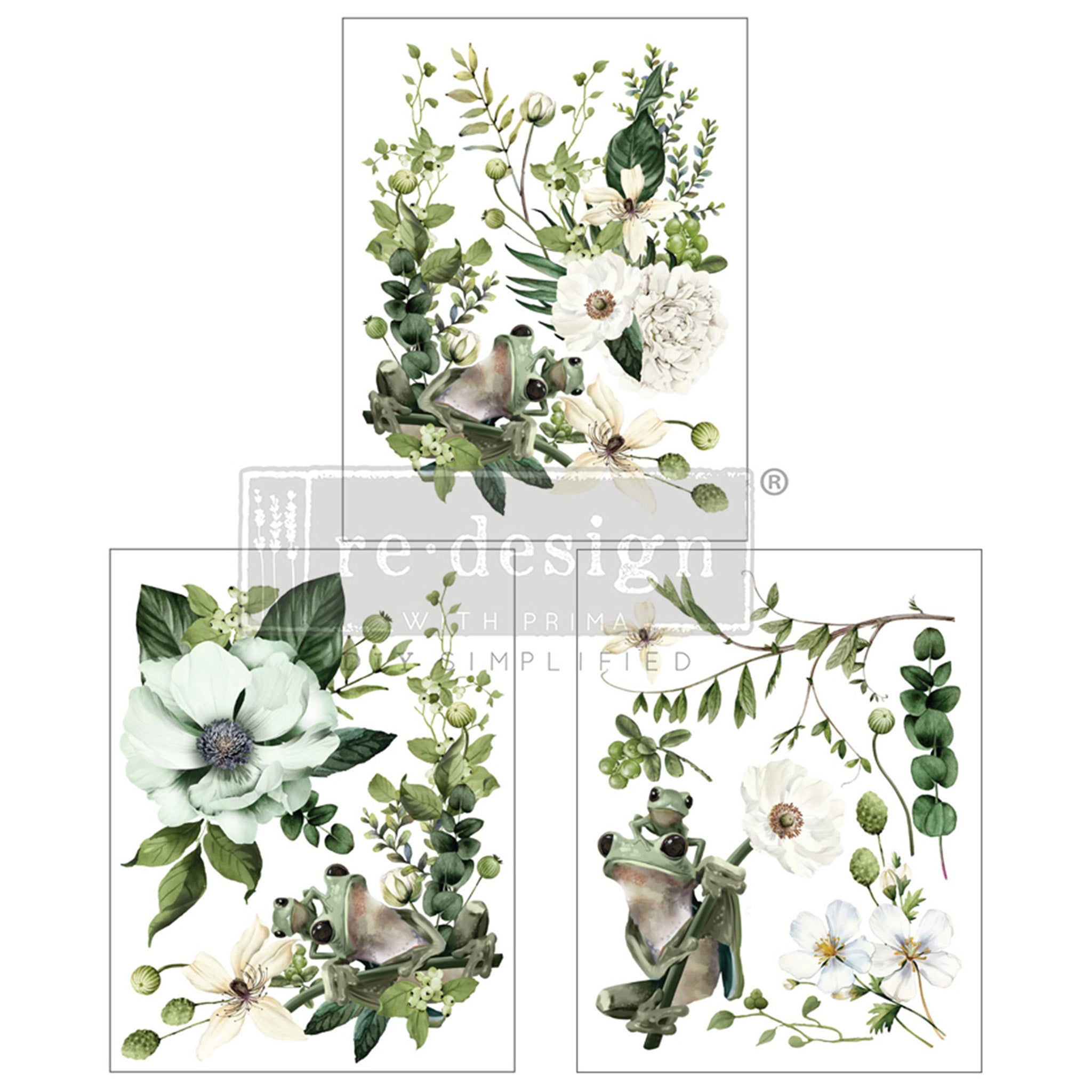 Three sheets of rub on transfers featuring green frogs and white flowers like wildflowers, peonies, and magnolias are against a white background.