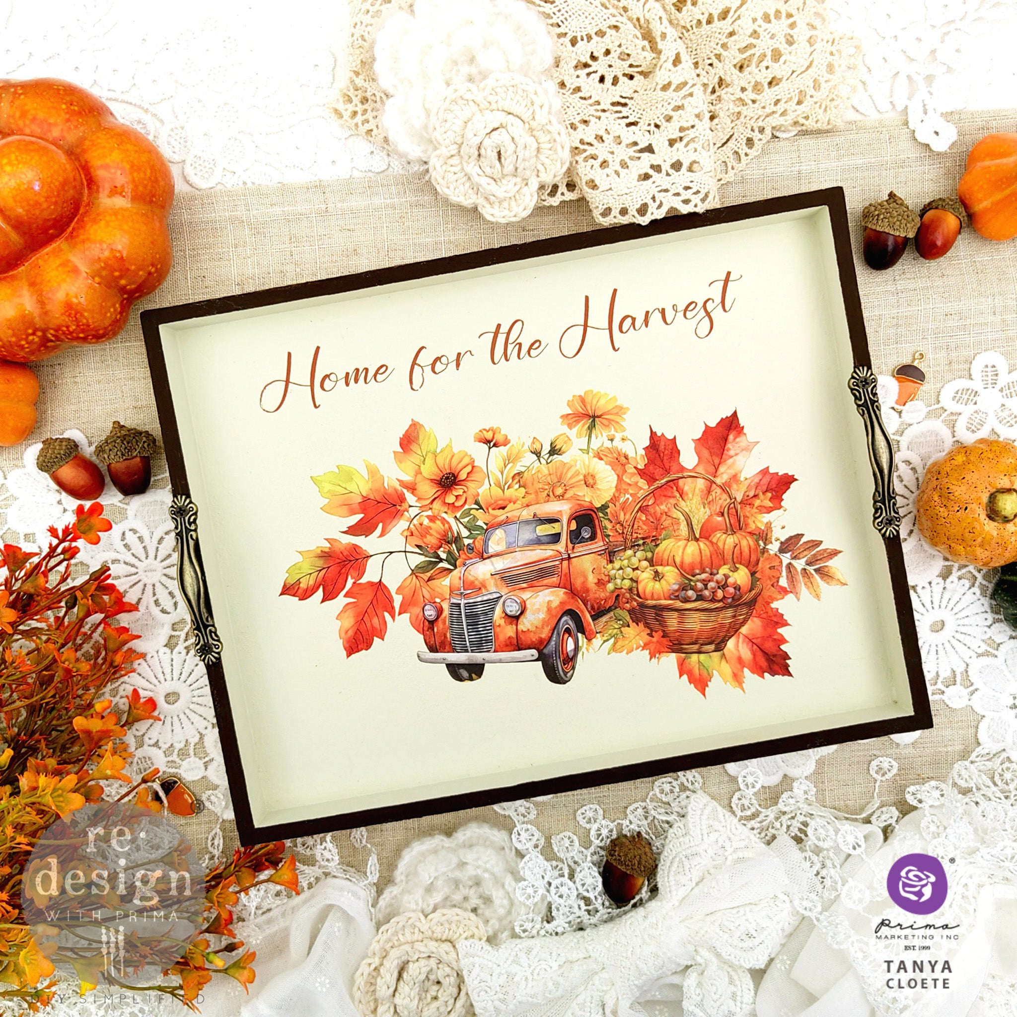 A serving tray created by Tanya Cloete features ReDesign with Prima's Autumn Splendor small rub-on transfer.