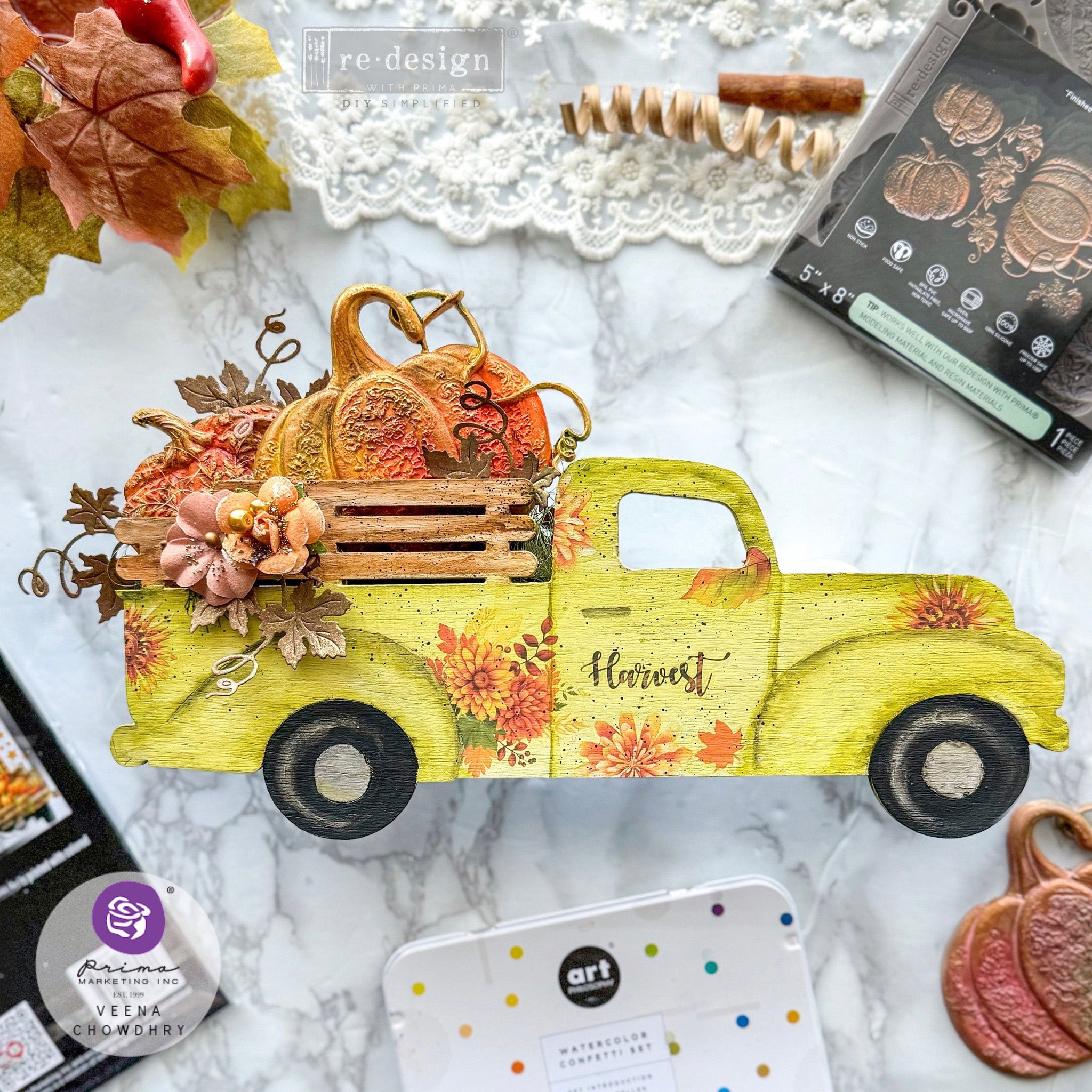 A wood craft vintage farm truck created by Veena Chowdry features ReDesign with Prima's Autumn Splendor small rub-on transfer on it.