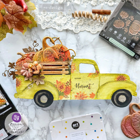 A wood craft vintage farm truck created by Veena Chowdry features ReDesign with Prima's Autumn Splendor small rub-on transfer on it.