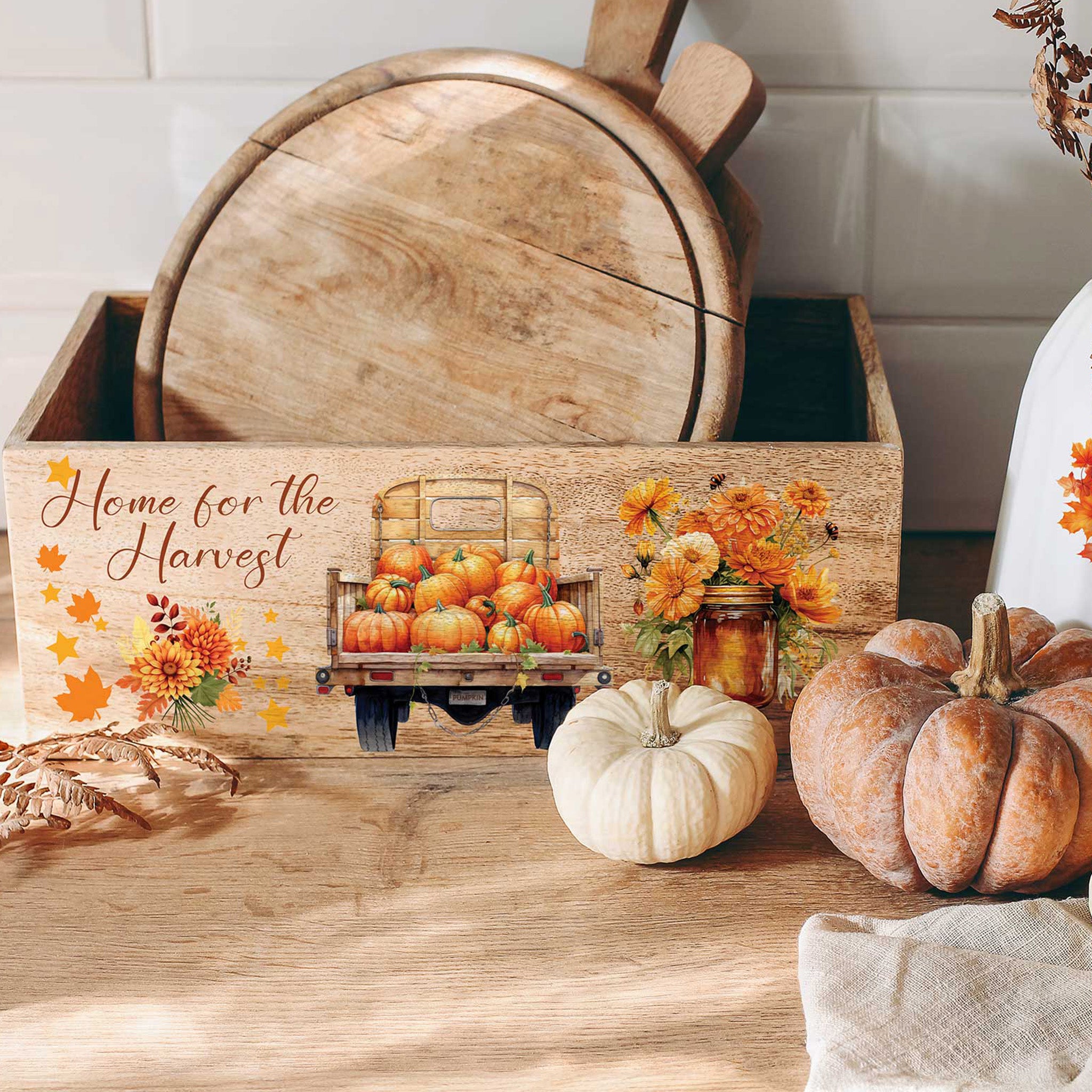 A wood table top box for kitchen accessories features some of ReDesign with Prima's Autumn Splendor small rub on transfer on it.