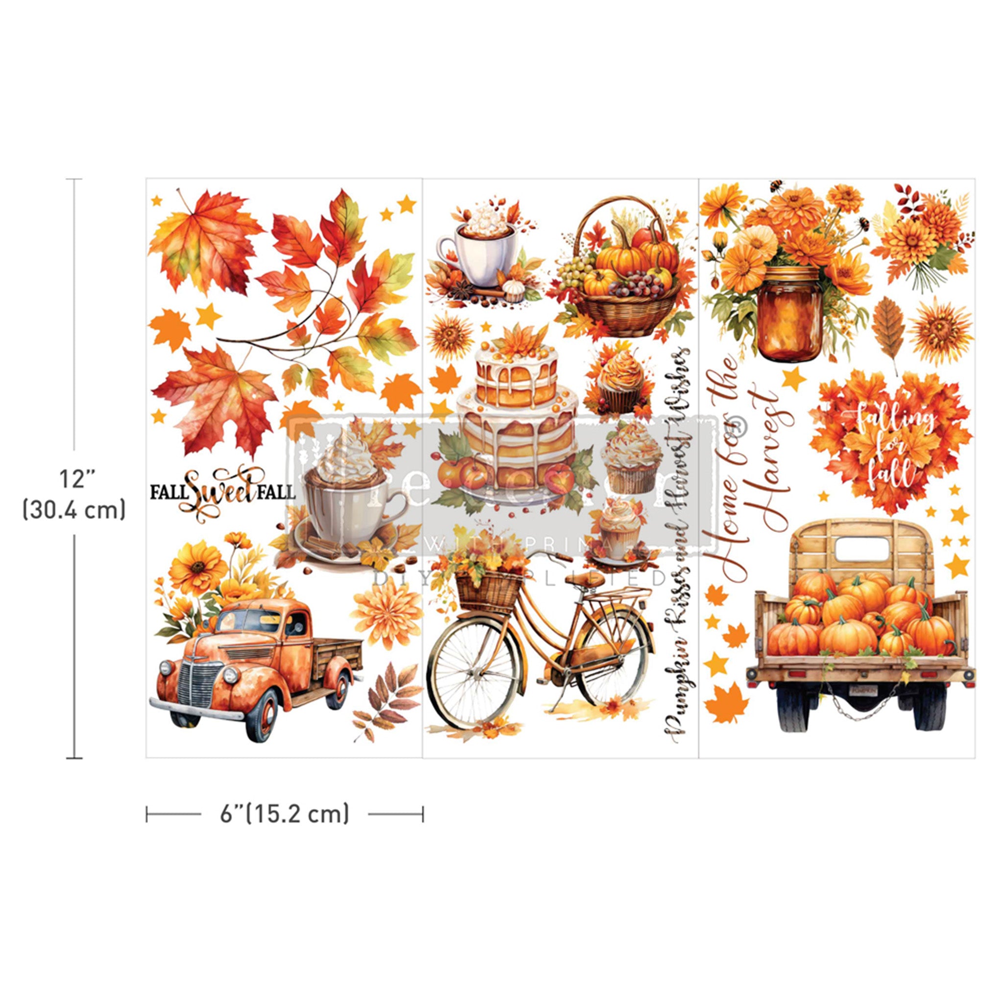 Three sheets of rub on transfers featuring charming fall designs with vintage trucks, pumpkins, and autumn leaves are against a white background. Measurements for 1 sheet reads 12" (30.4cm) by 6" (15.2 cm).