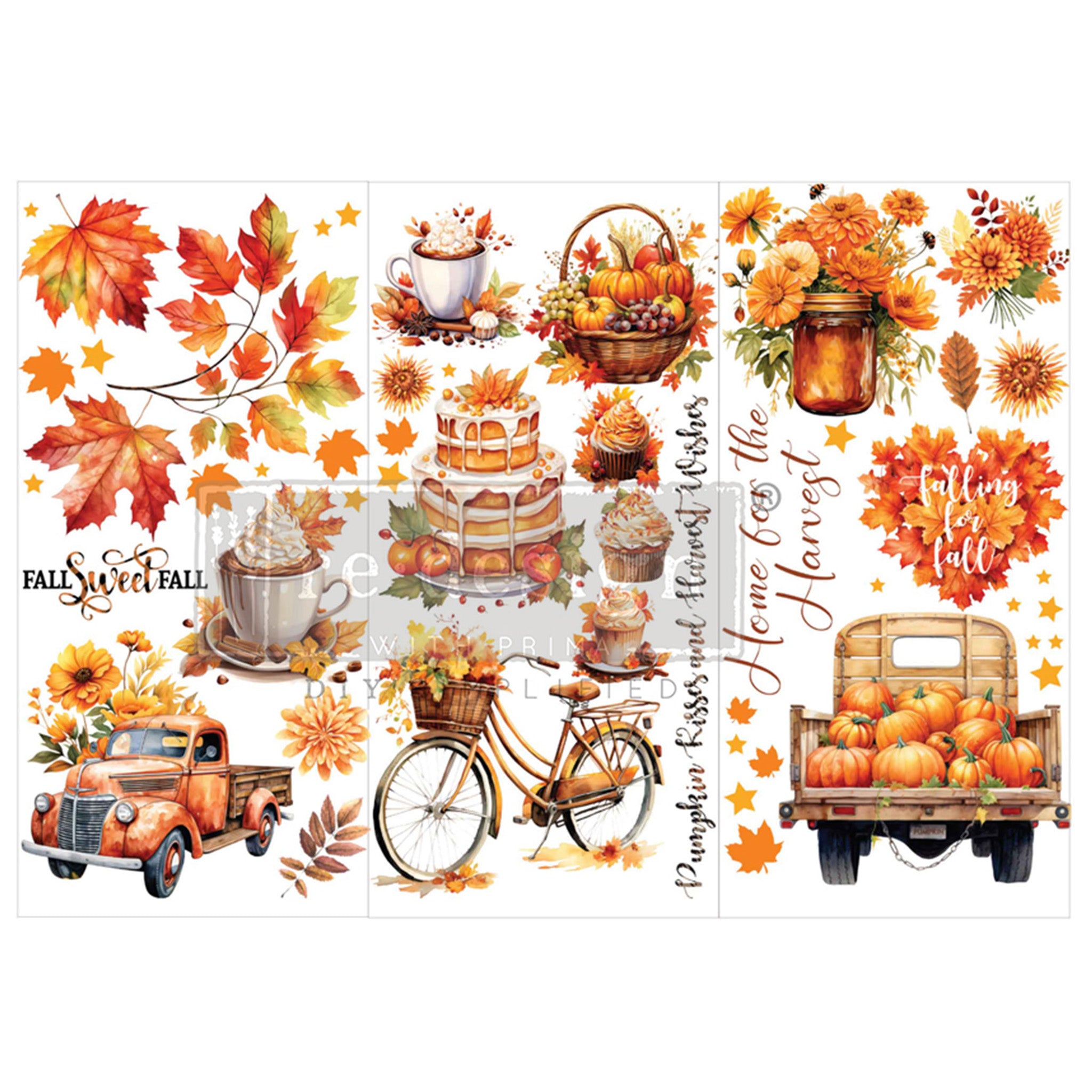 Three sheets of rub on transfers featuring charming fall designs with vintage trucks, pumpkins, and autumn leaves are against a white background.