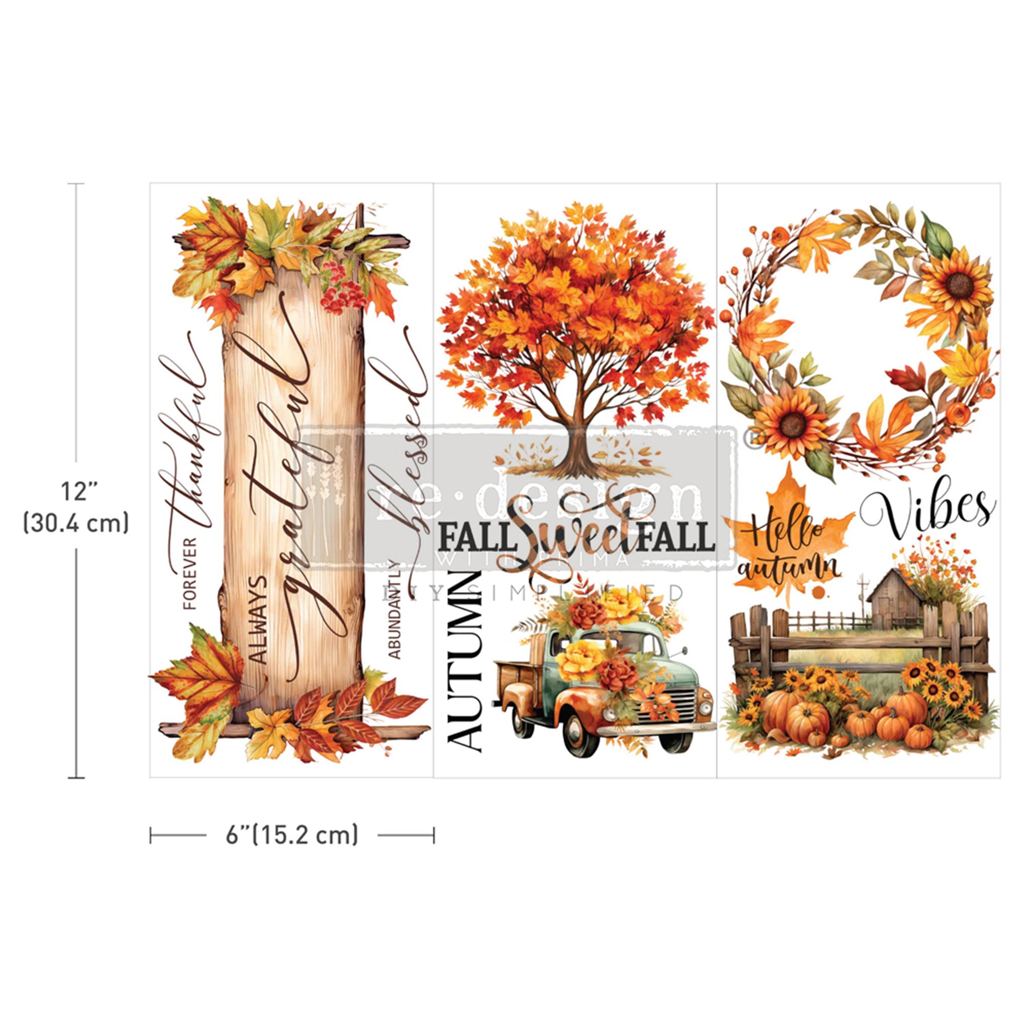 Small furniture transfer that features charming autumn designs, including Autumn leaves, pumpkins, sunflowers, and a vintage truck against a white background. Measurements for 1 sheet reads 12" (30.4 cm) by 6" (15.2 cm).