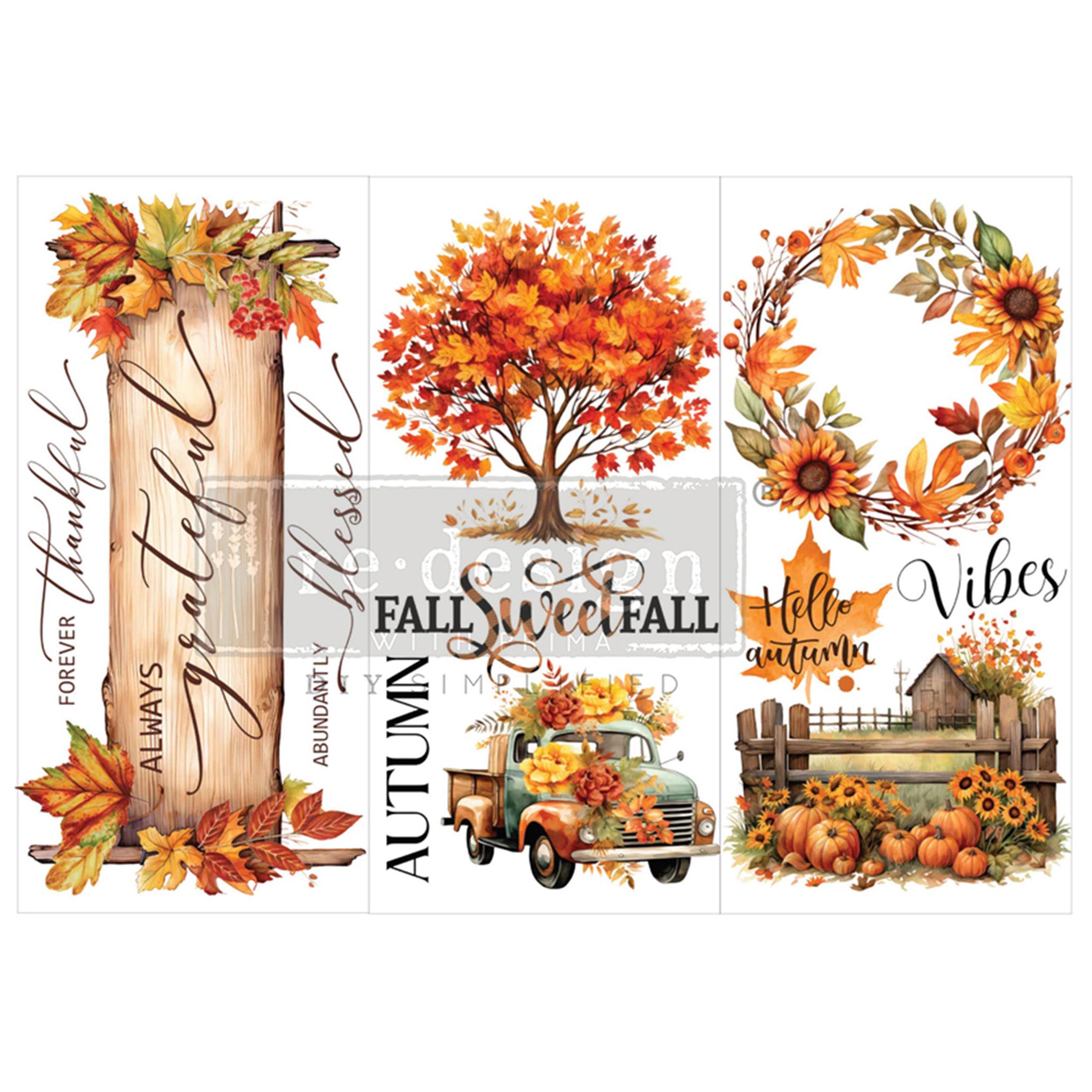 Small furniture transfer that features charming autumn designs, including Autumn leaves, pumpkins, sunflowers, and a vintage truck against a white background.