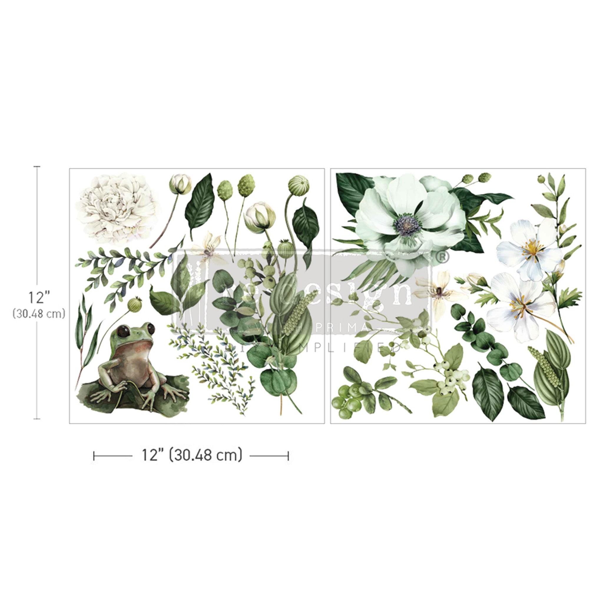 Two sheets of rub on transfers featuring creamy blooms of magnolia, peony, and wildflowers with greenery and a playful frog are against a white background. Measurements for 1 sheet reads 12" (30.48cm) by 12" (30.48 cm).