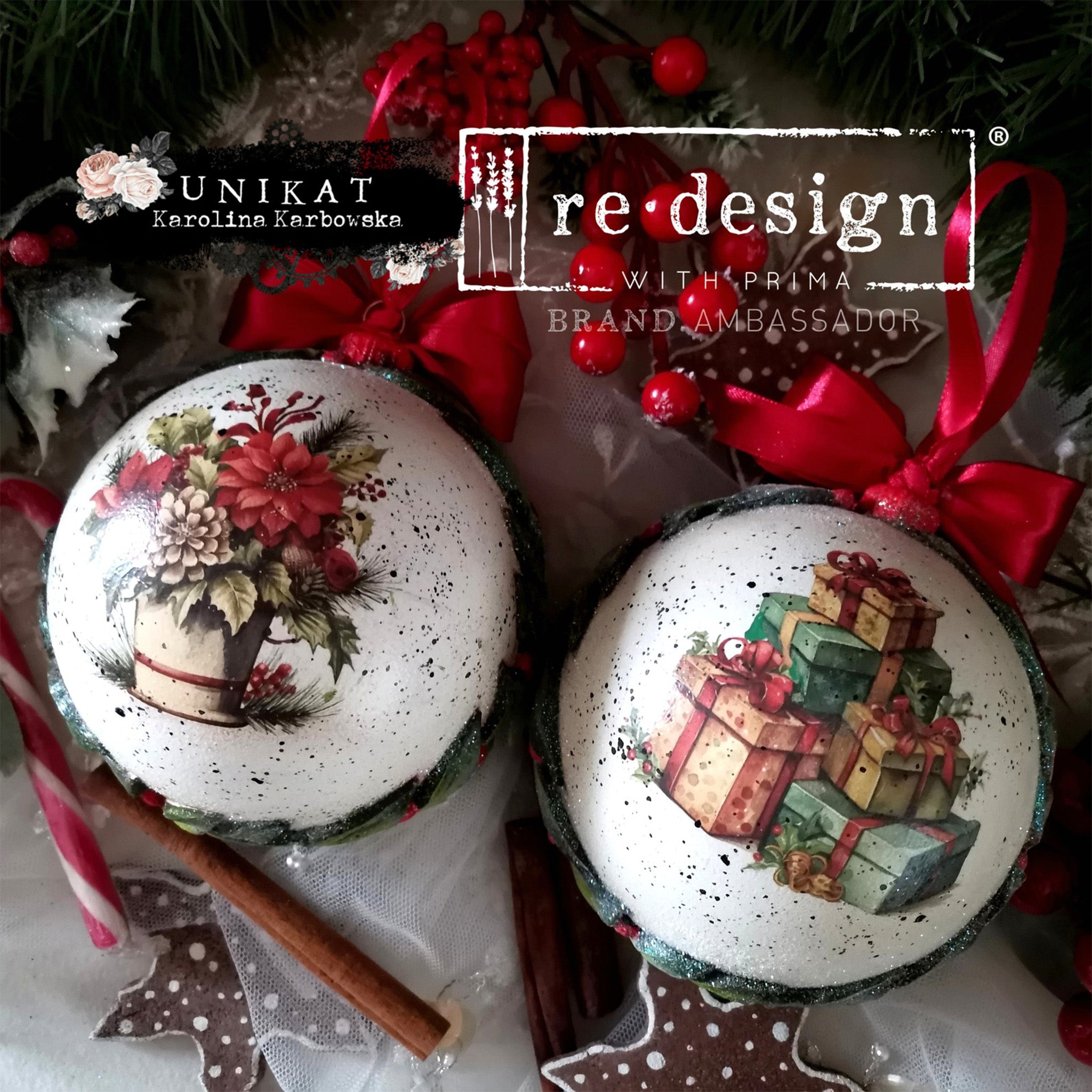 Two white ornaments created by Unikat Karolina Karbowska feature ReDesign with Prima's Joyful Jingles small transfer on them.