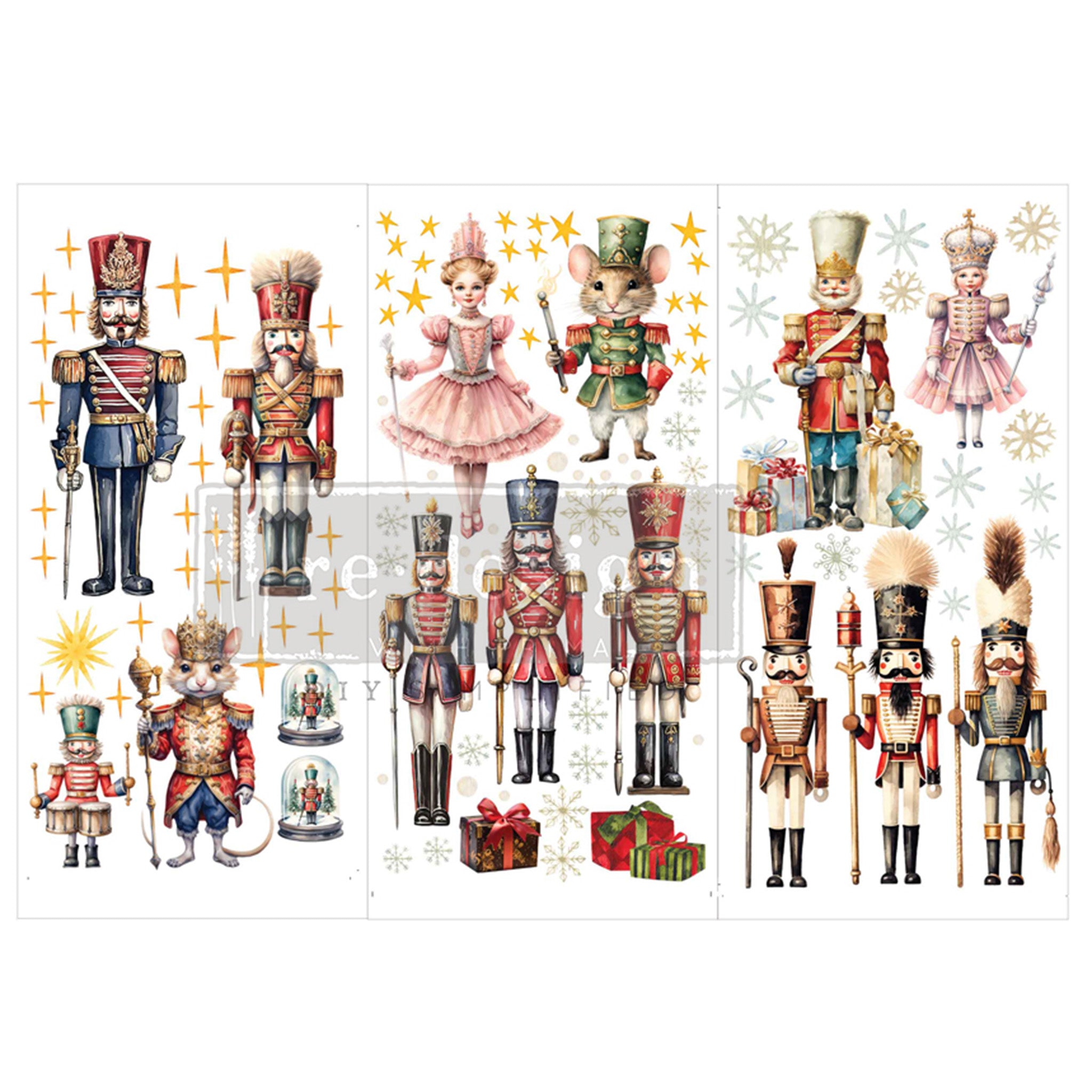 Three sheets of rub-on transfers against a white background feature nutcracker designs as well as the iconic Sugar Plum Fairy and Mouse King.