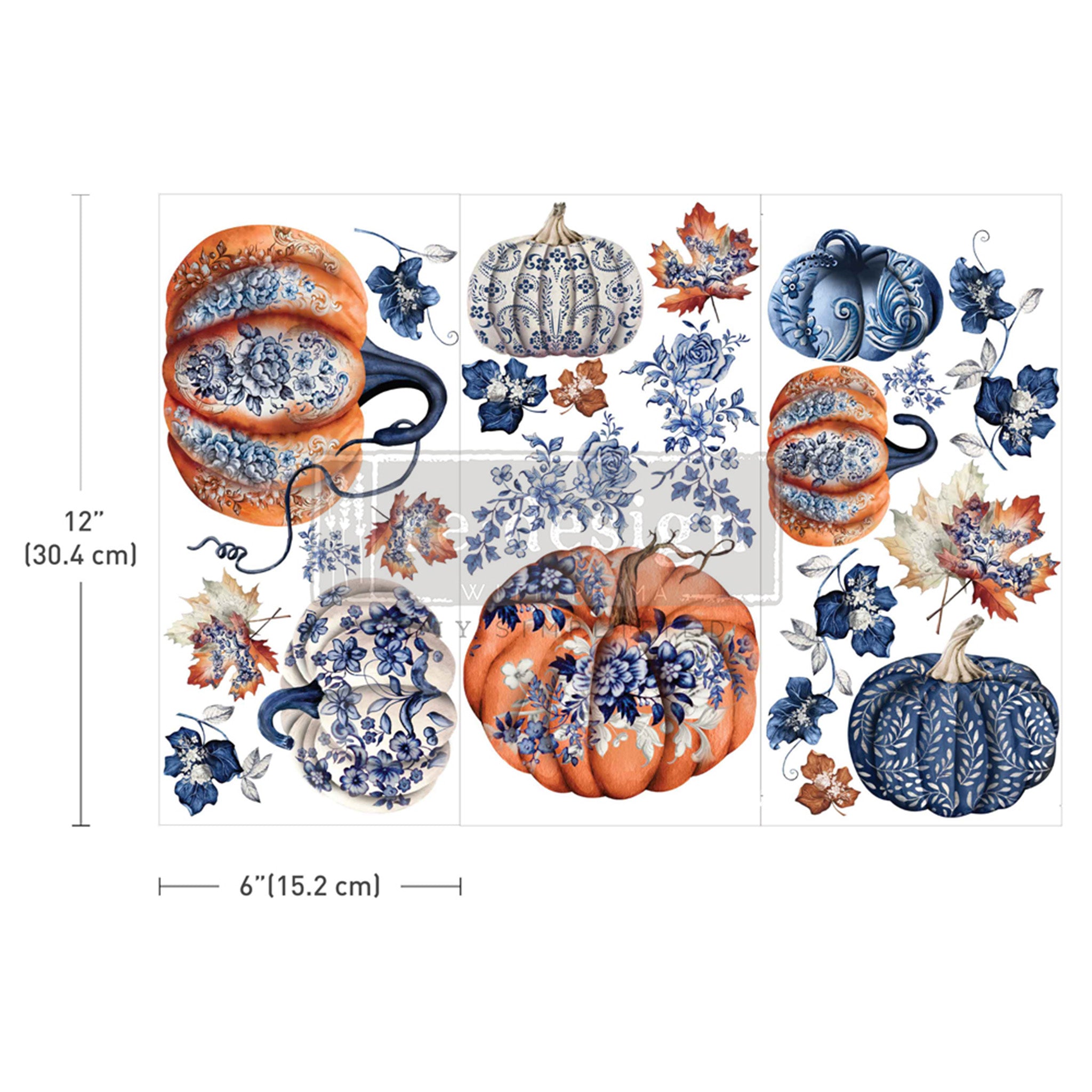 Three sheets of small rub on transfers that feature pumpkins with blue porcelain designs, and fall leaves in shades of orange and blue are against a white background. Measurements for 1 sheet reads 12" (30.4 cm) by 6" (15.2 cm).