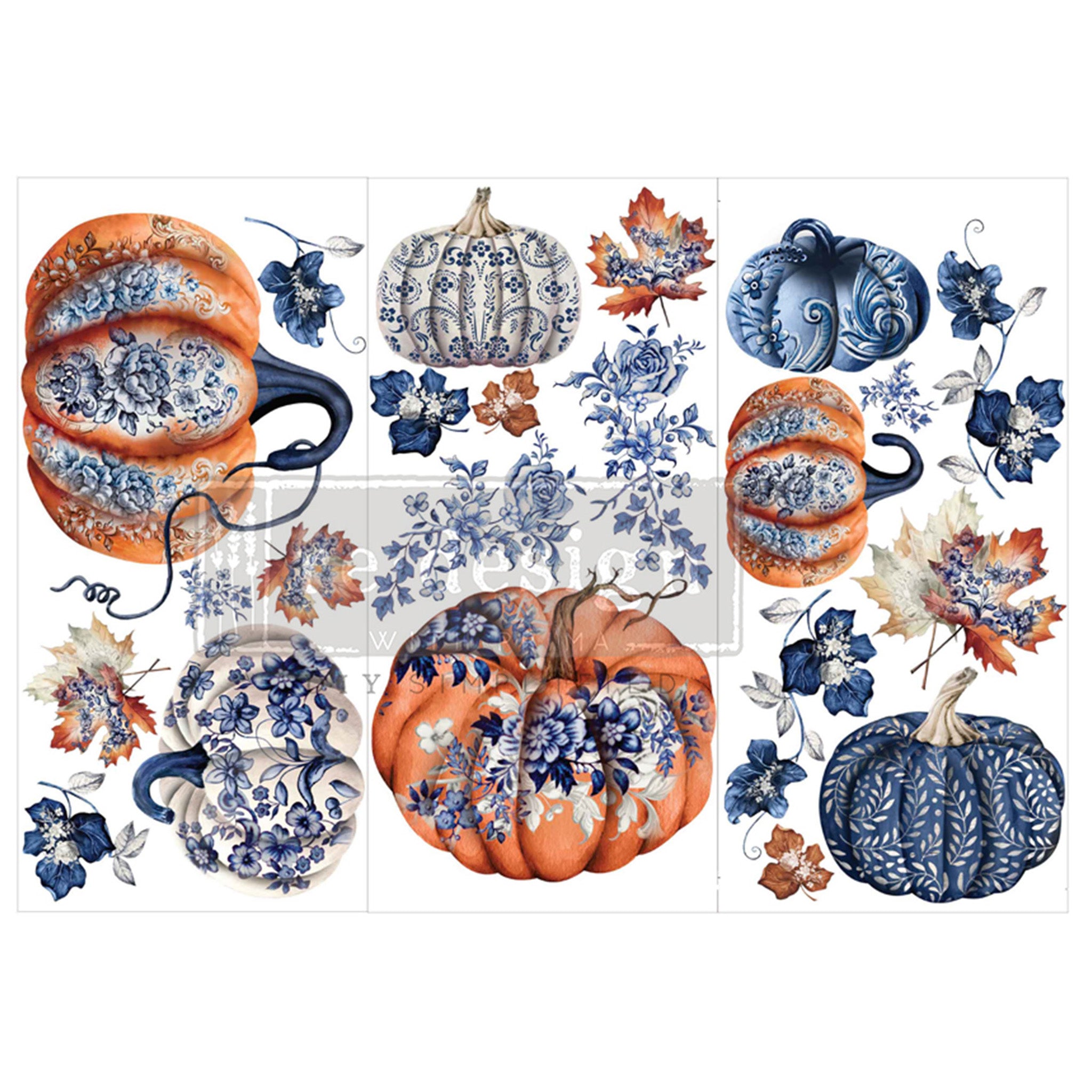 Three sheets of small rub on transfers that feature pumpkins with blue porcelain designs, and fall leaves in shades of orange and blue are against a white background. 