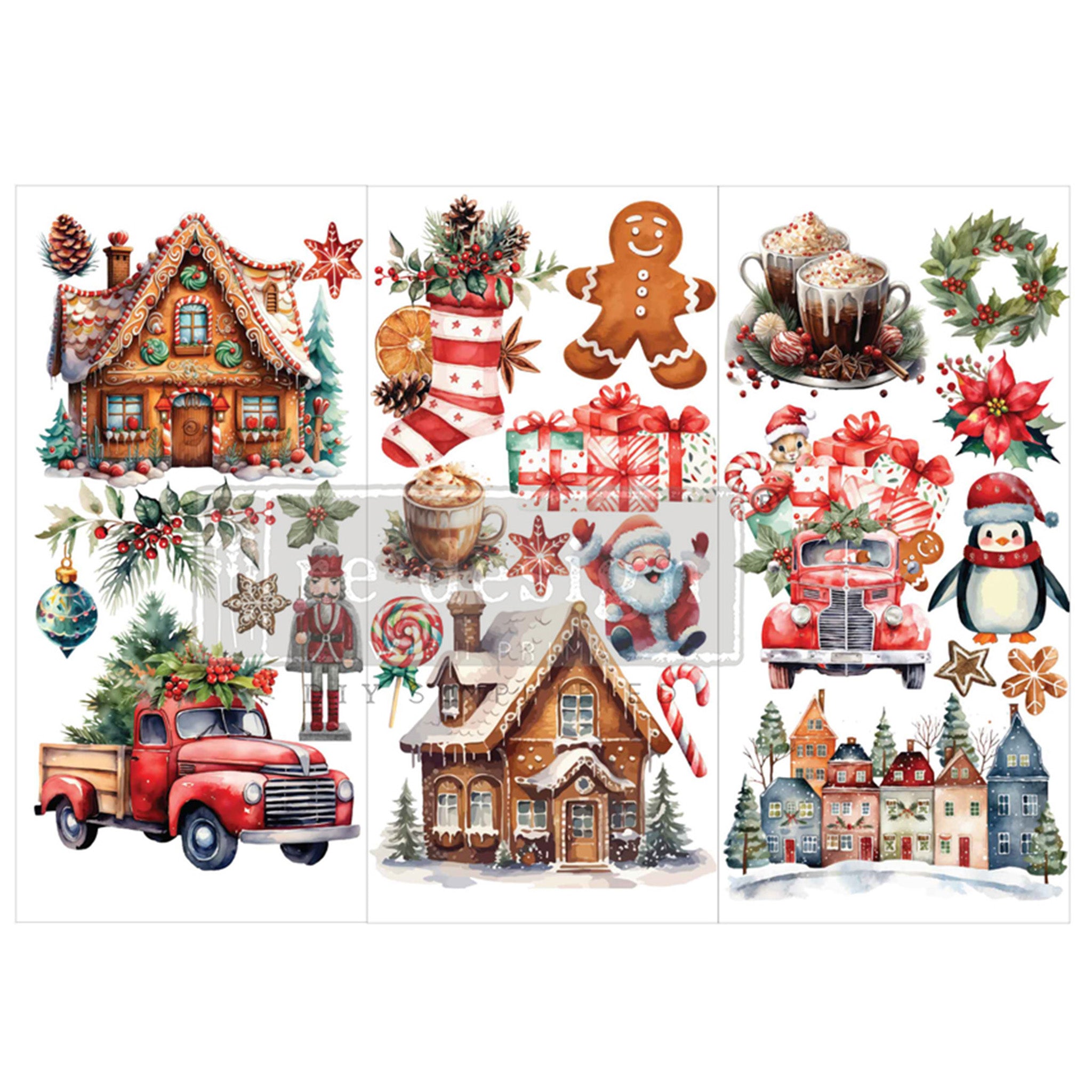 Three sheets of small rub on transfers that featuring 3 sheets of festive designs including gingerbread houses, penguins, a vintage truck, and everything Christmas are against a white background.