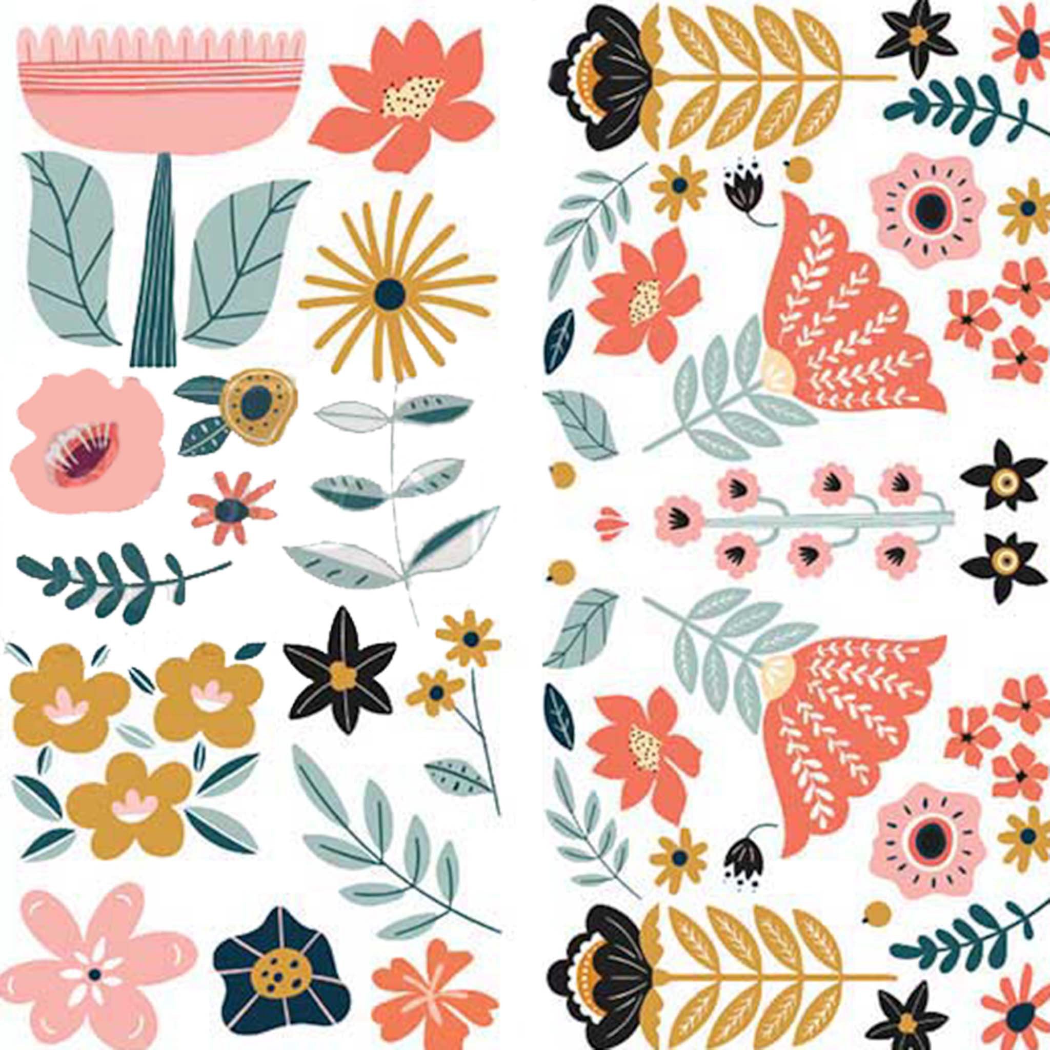 Close-up of small rub-on transfers featuring retro style salmon pink and gold colored florals are against a white background. 