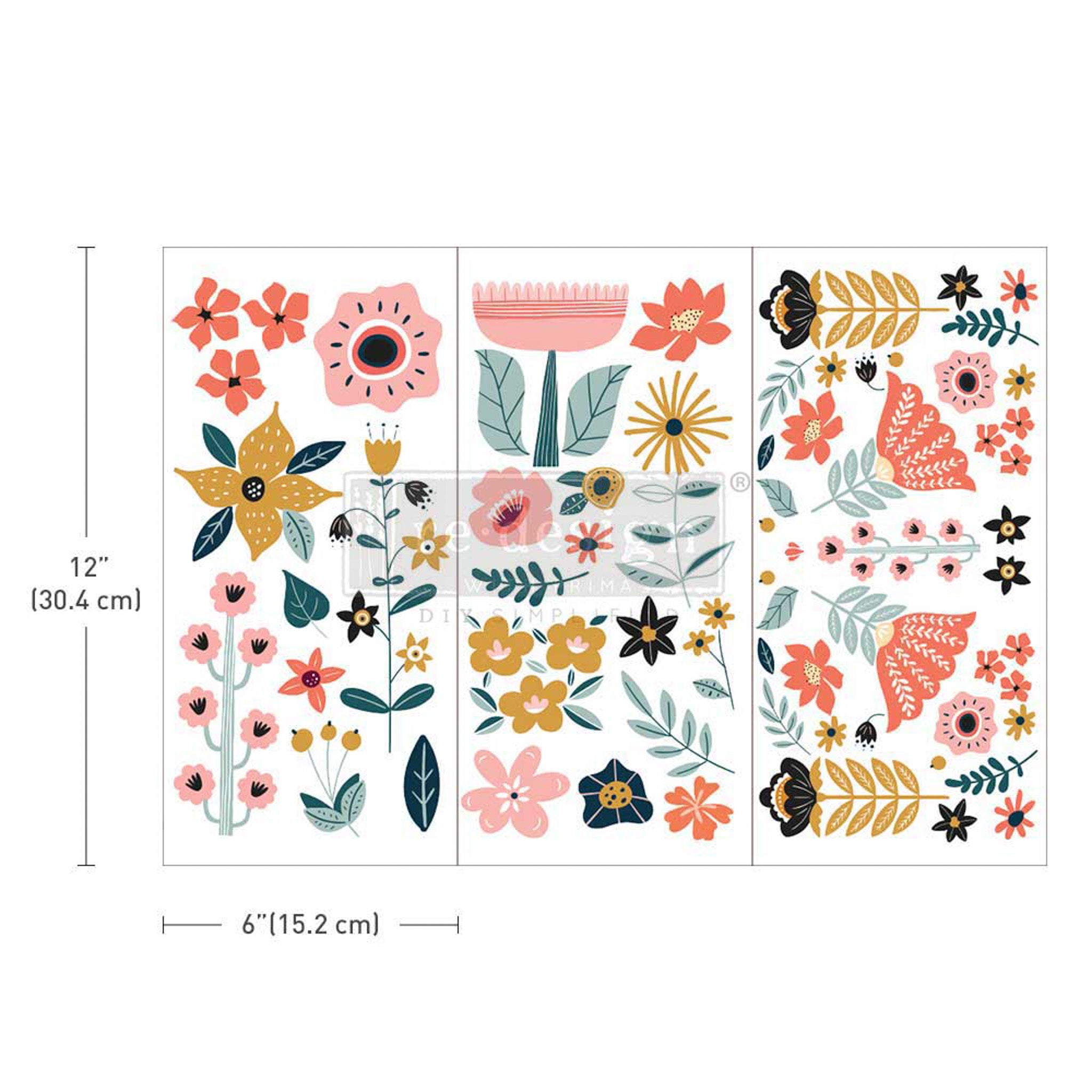 Three sheets of ReDesign with Prima's  Doodle Flowers small transfers are against a white background. Measurements for 1 sheet reads: 12" (30.4 cm) x 6" (15.2 cm).