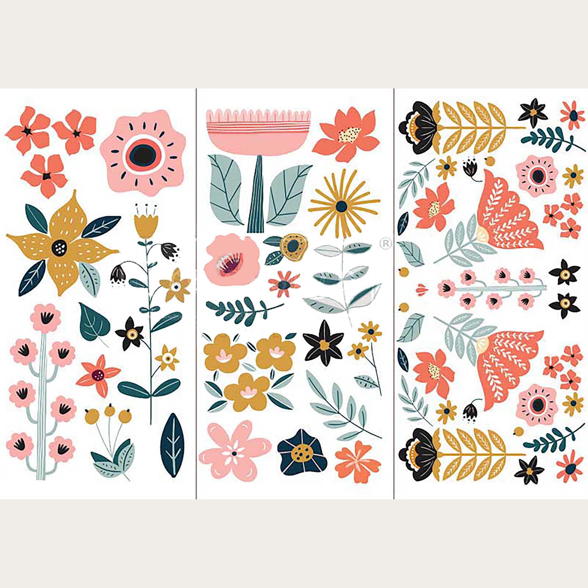 Three sheets of small rub-on transfers featuring retro style salmon pink and gold colored florals are against a white background. Light beige borders are on the top and bottom. 