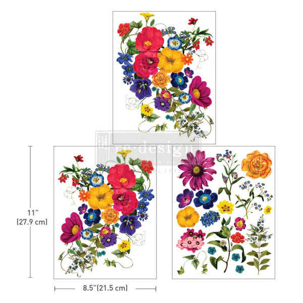 Three sheets of a small rub-on transfer feature bright and colorful floral bouquets and wildflowers. Measurements for 1 sheet reads: 11" [27.9 cm] by 8.5" [21.5 cm].