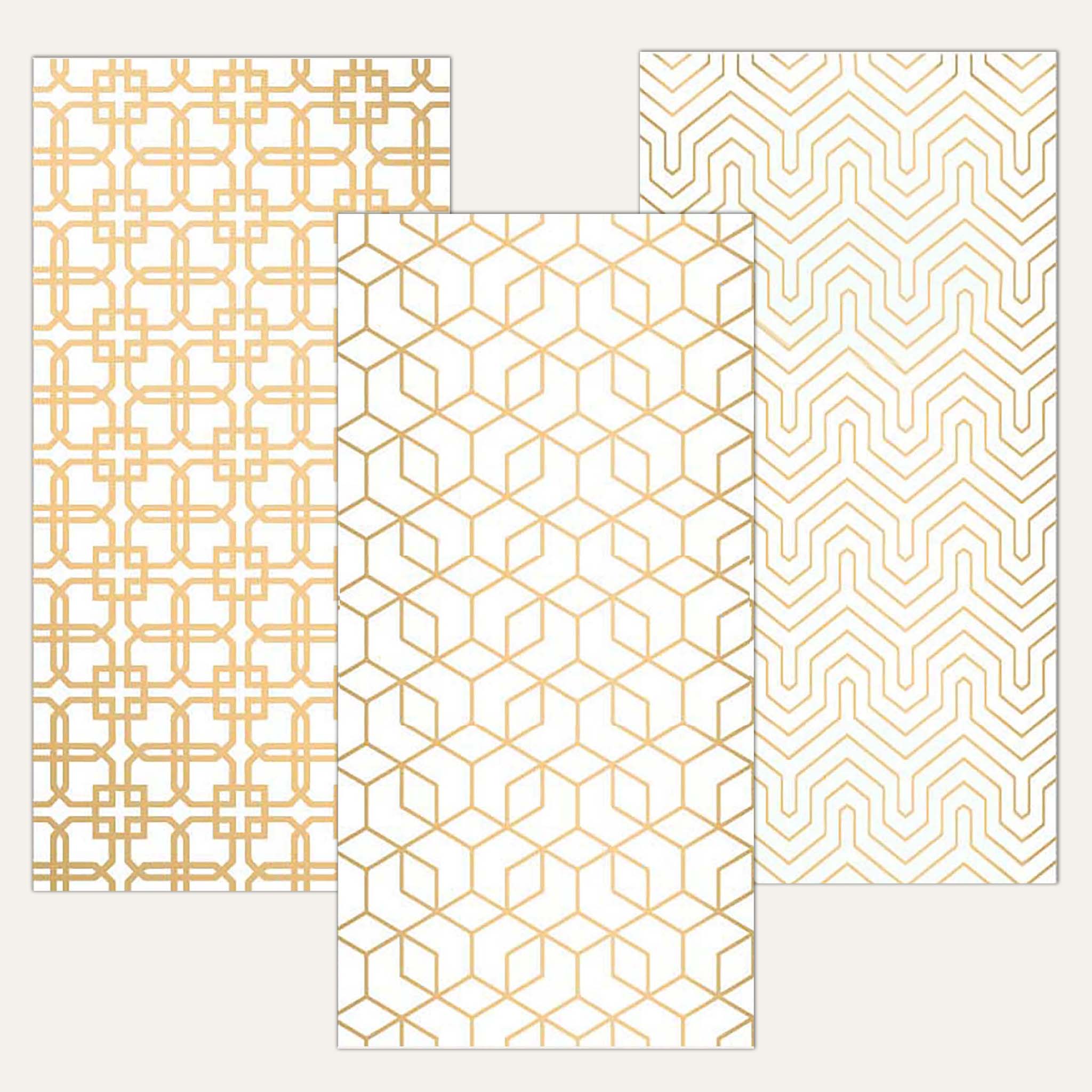 Three sheets of small rub-on transfers that feature different gold midcentury modern designs.