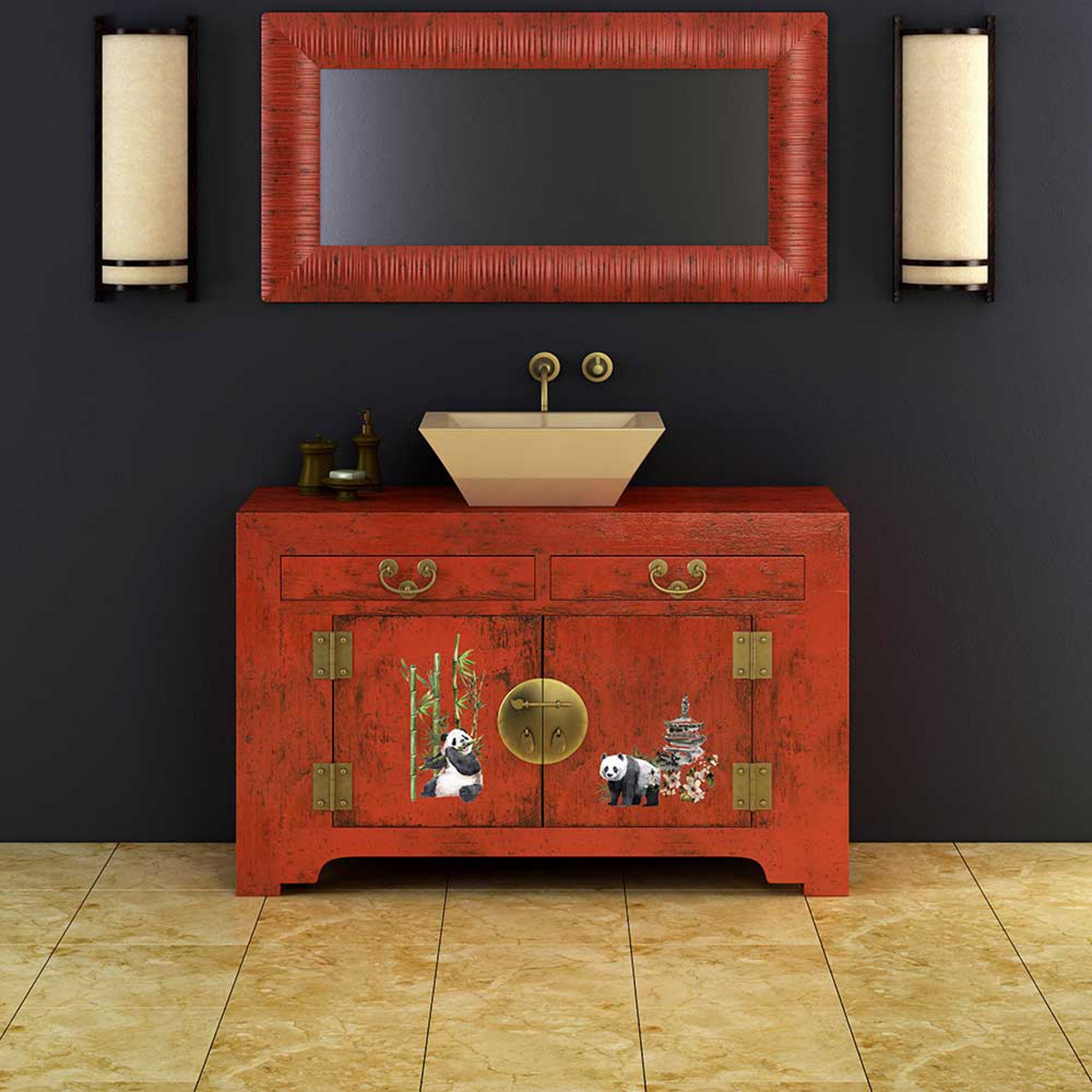 A vintage bathroom sink cabinet is painted barn red and features ReDesign with Prima's Panda Sweet small transfers on its 2 doors.