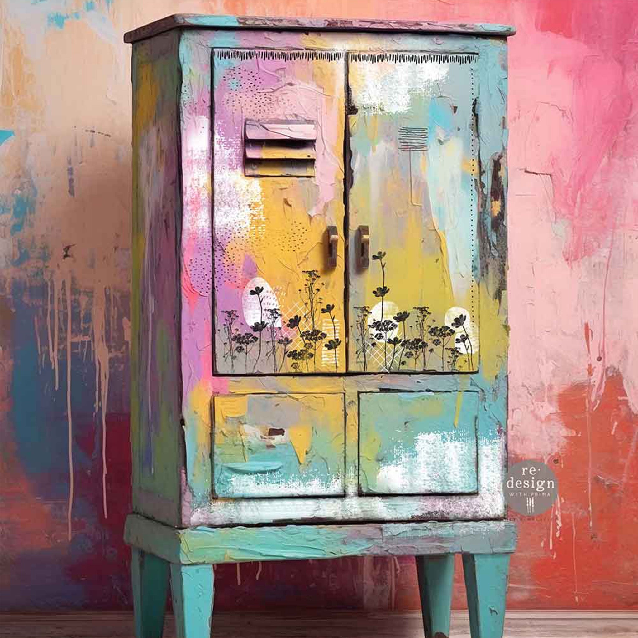 A vintage armoire is painted in many pastel colors and features ReDesign with Prima's Abstract Scribbles decor stamps in black on it.