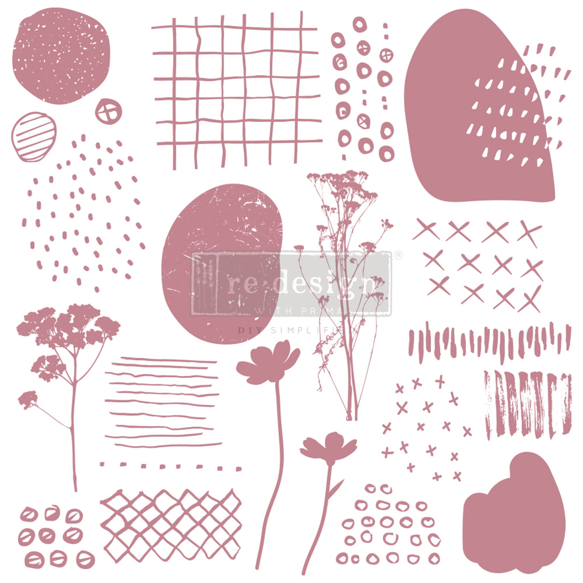 Mauve colored samples of 19 different abstract stamp designs including x's, wildflowers, grids, squiggle lines, and blotches are against a white background.