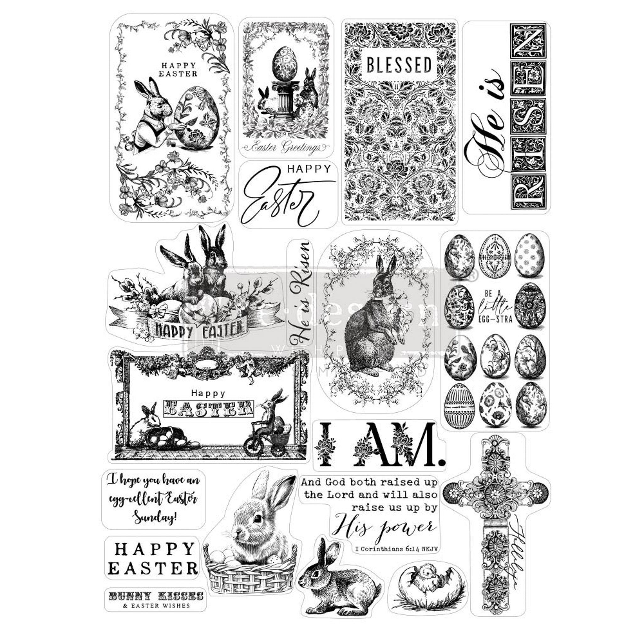 Eighteen rubber stamp designs of ReDesign with Prima's Easter Blessings that feature bunnies, eggs, crosses, and festive sayings are against a white background.